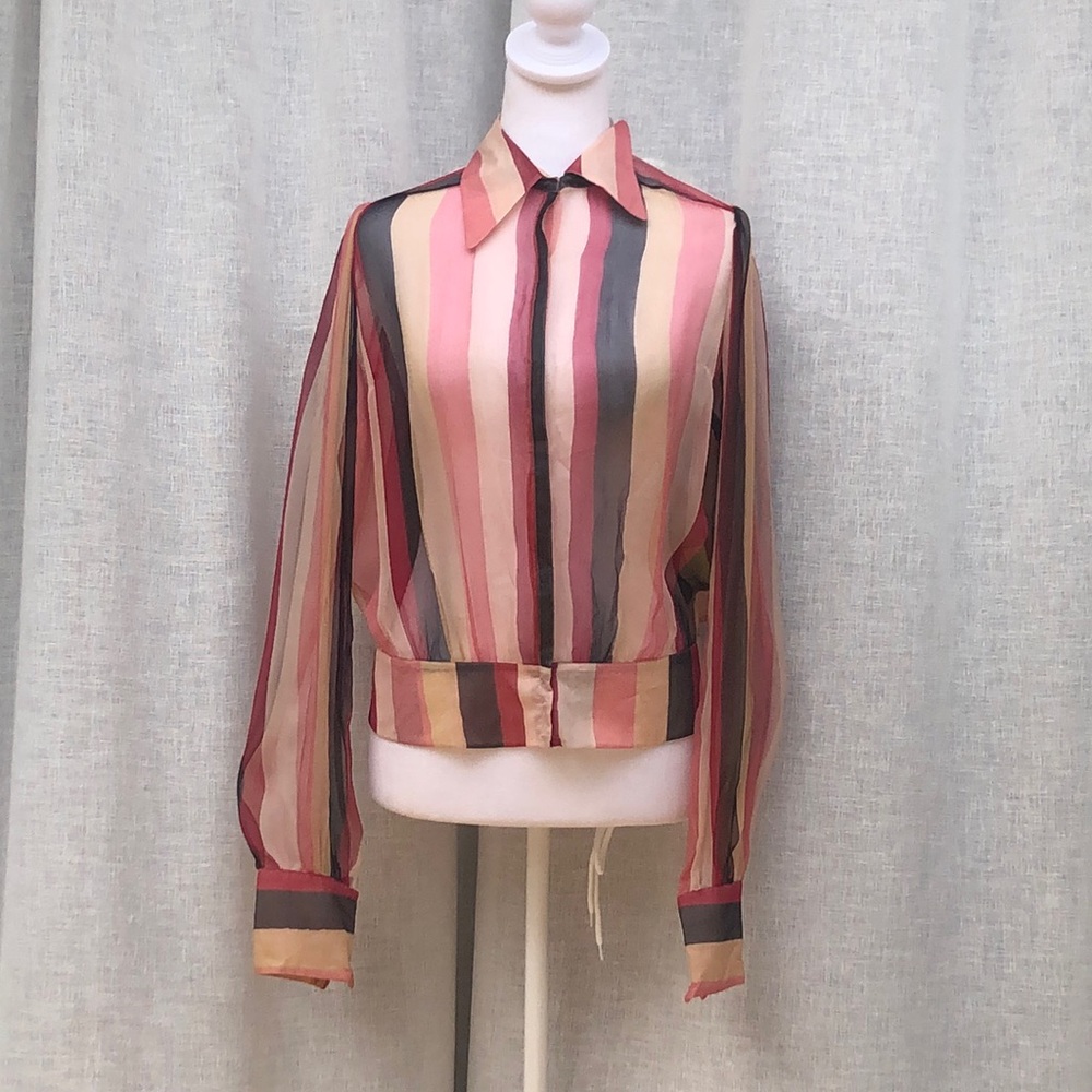 Catherine Malandrino sheer silk vertical brown pink make be stripe blouse
